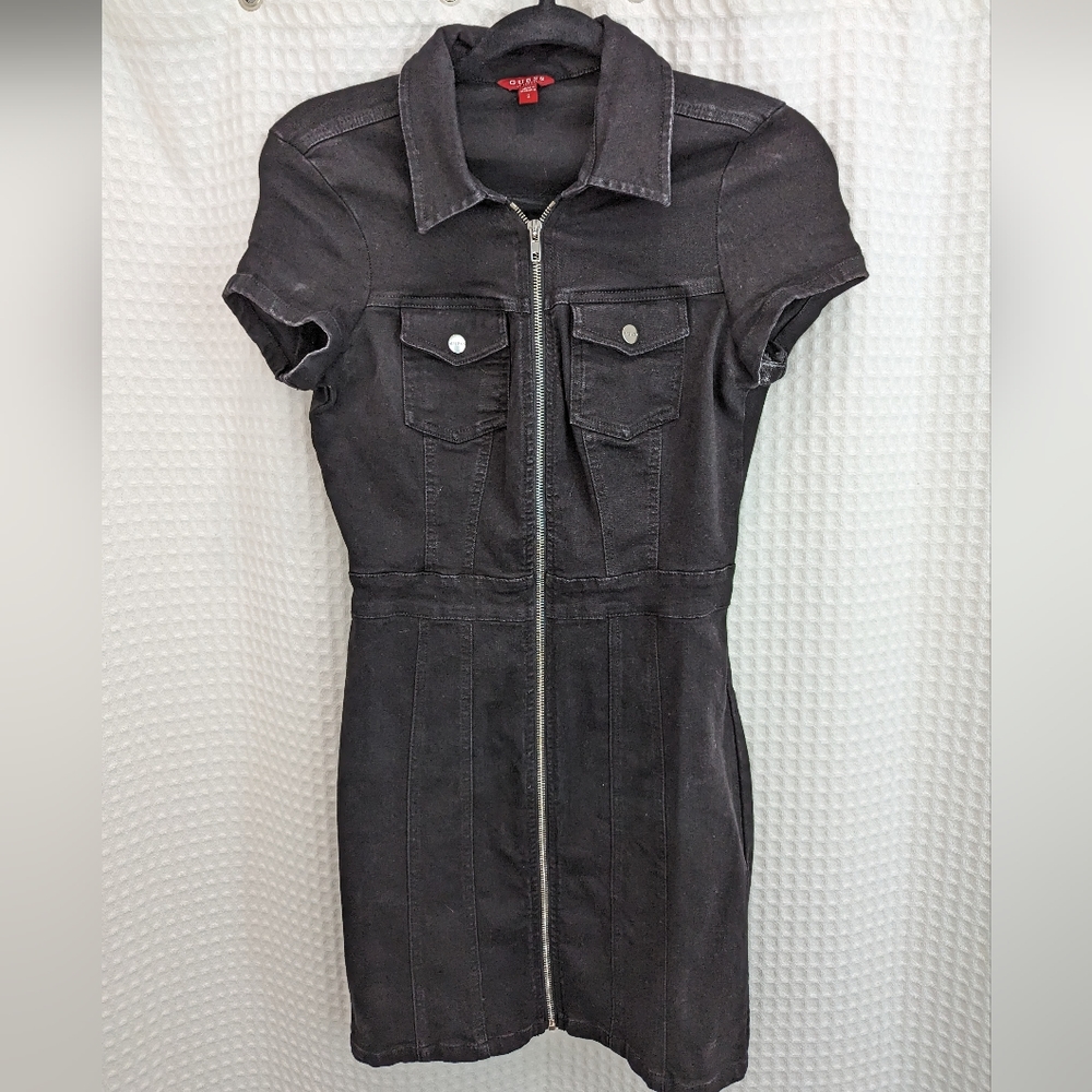 Guess Denim Mini Dress Womens Medium Black Kaori Moto Front Zip Vintage
